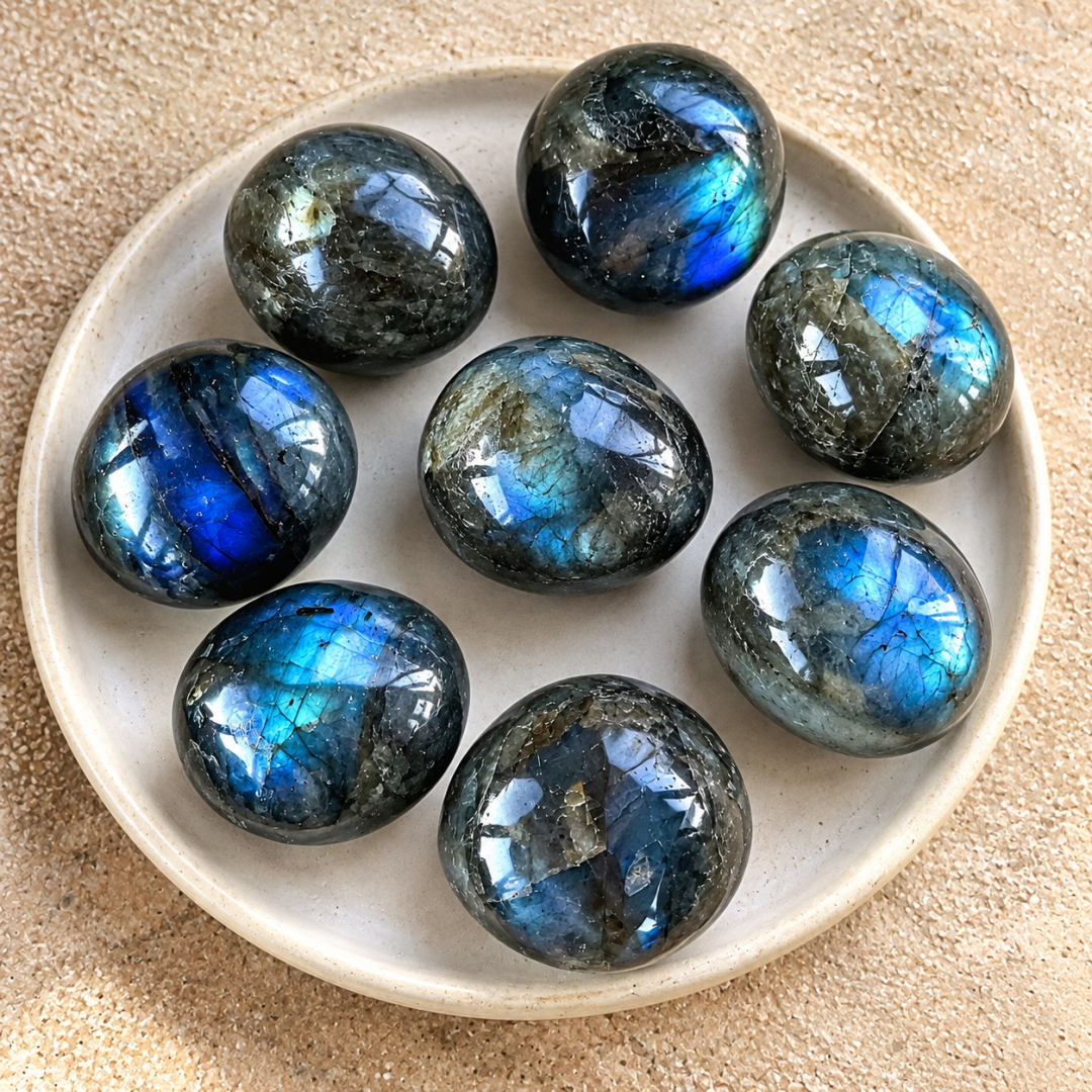 Đá Hắc nguyệt quang (Labradorite) dáng oval nổi bật với hiệu ứng ánh xanh trên nền đá xám trầm