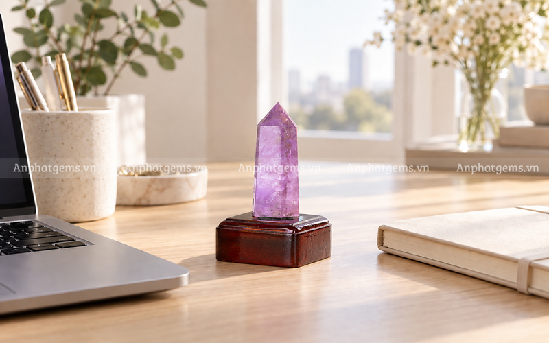 Trụ thạch anh tím nhỏ gọn, thanh lịch, phù hợp làm quà tặng đồng nghiệp nữ yêu thích một góc làm việc chỉn chu.