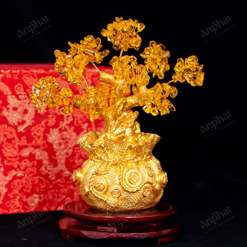 Cây Tài Lộc Thạch Anh Vàng Nhuộm Túi Tiền 20cm 018-092C06-20