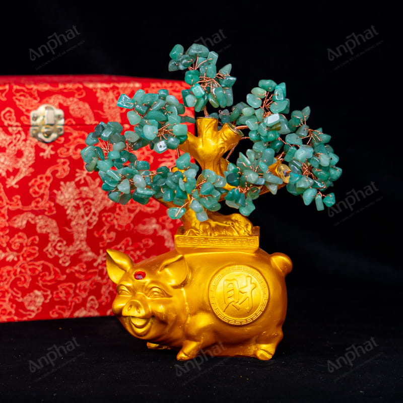 Cây Tài Lộc Thạch Anh Xanh Đế Heo Vàng 20cm 018-093D18-20